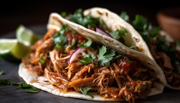 Assiette de tacos maison fraîche avec du boeuf grillé généré par l'IA