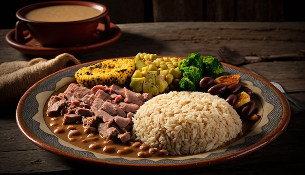 Photo gratuite assiette de viande et de légumes fraîchement cuits sur ia générative de bois