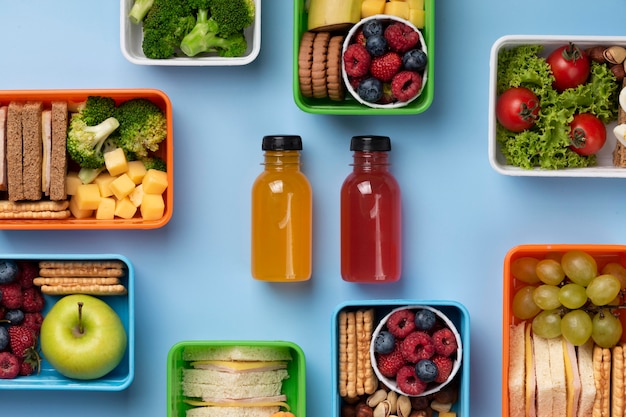 Assortiment de boîtes à lunch d'aliments sains à plat