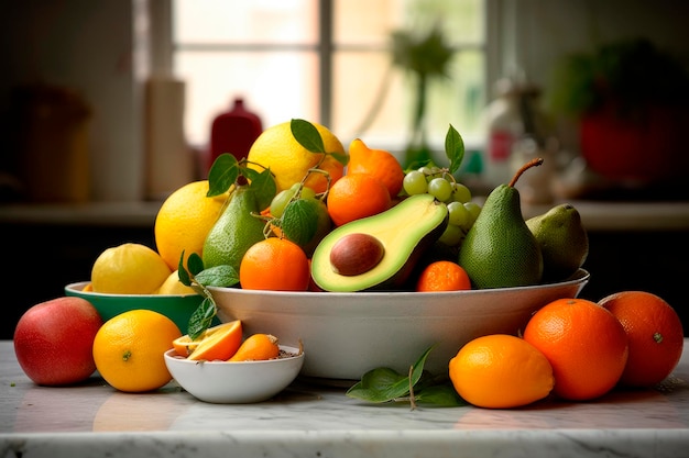 Photo gratuite un assortiment de fruits d'hiver tels que des mandarines d'avocat, des kiwis, des oranges au citron et des persimmons dans un bol à fruits au-dessus d'un comptoir de cuisine