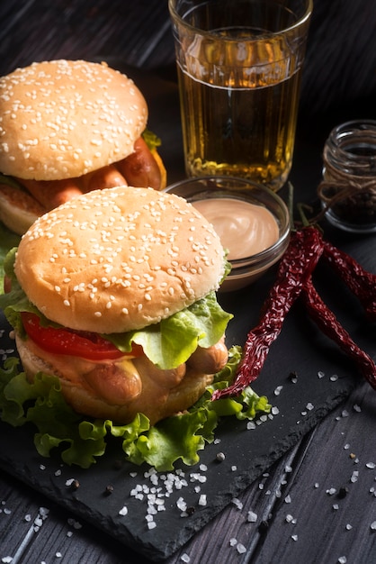 Assortiment de hamburgers délicieux à angle élevé sur plaque noire