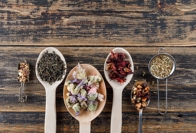 Assortiment d'herbes séchées en cuillère et cuillères aux épices