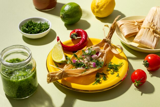 Assortiment d'ingrédients tamales sur une table verte