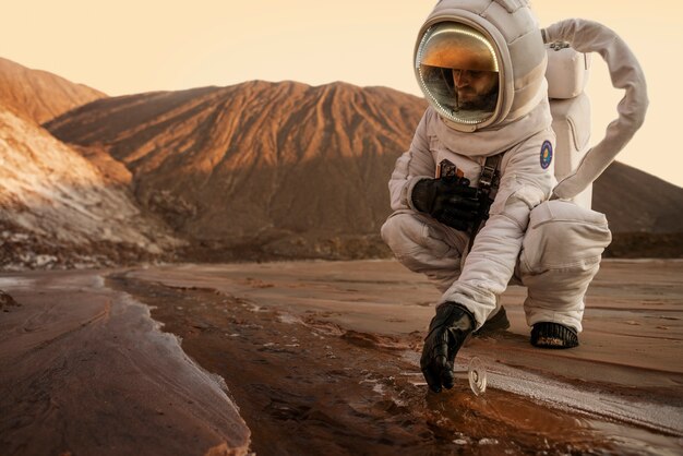 Astronaute masculin prélevant un échantillon d'eau lors d'une mission spatiale sur une autre planète