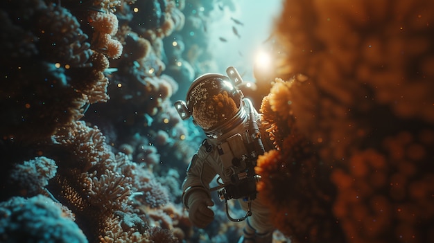 Photo gratuite un astronaute plonge dans l'océan.
