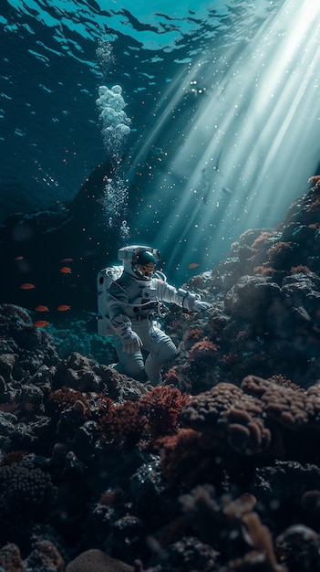 Photo gratuite un astronaute plonge dans l'océan.