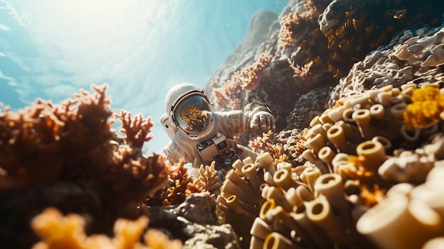 Photo gratuite un astronaute plonge dans l'océan.