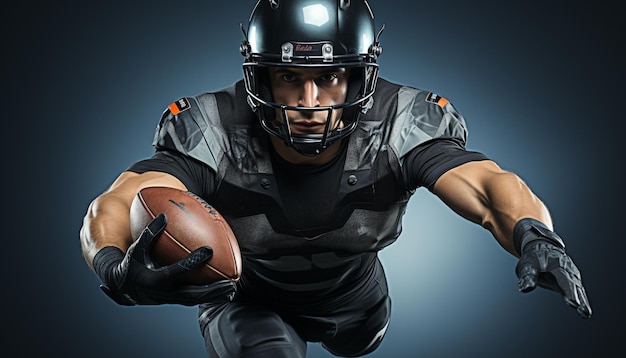 Photo gratuite athlète confiant en uniforme de football déterminé à marquer un touchdown généré par l'intelligence artificielle