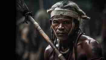 Photo gratuite athlète indigène musclé déterminé à survivre armé d'une arme traditionnelle générée par l'ia