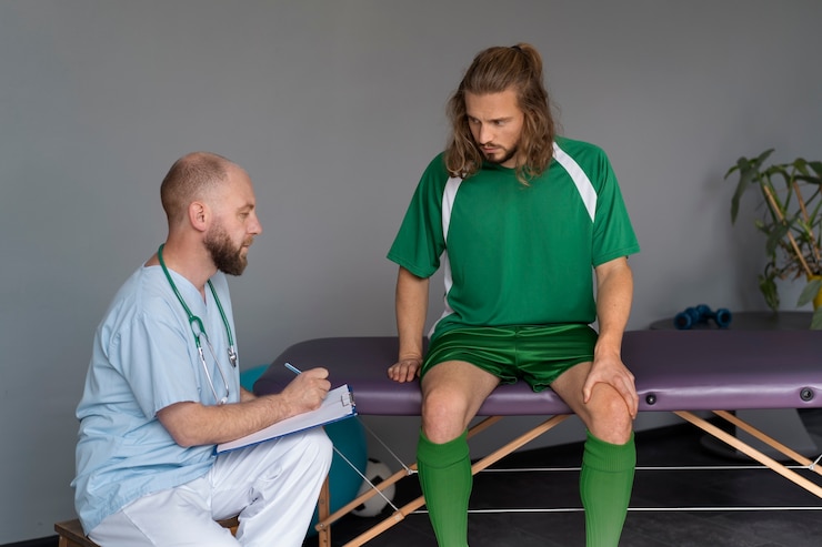 Photo gratuit athlète parlant à la vue de face du physiothérapeute
