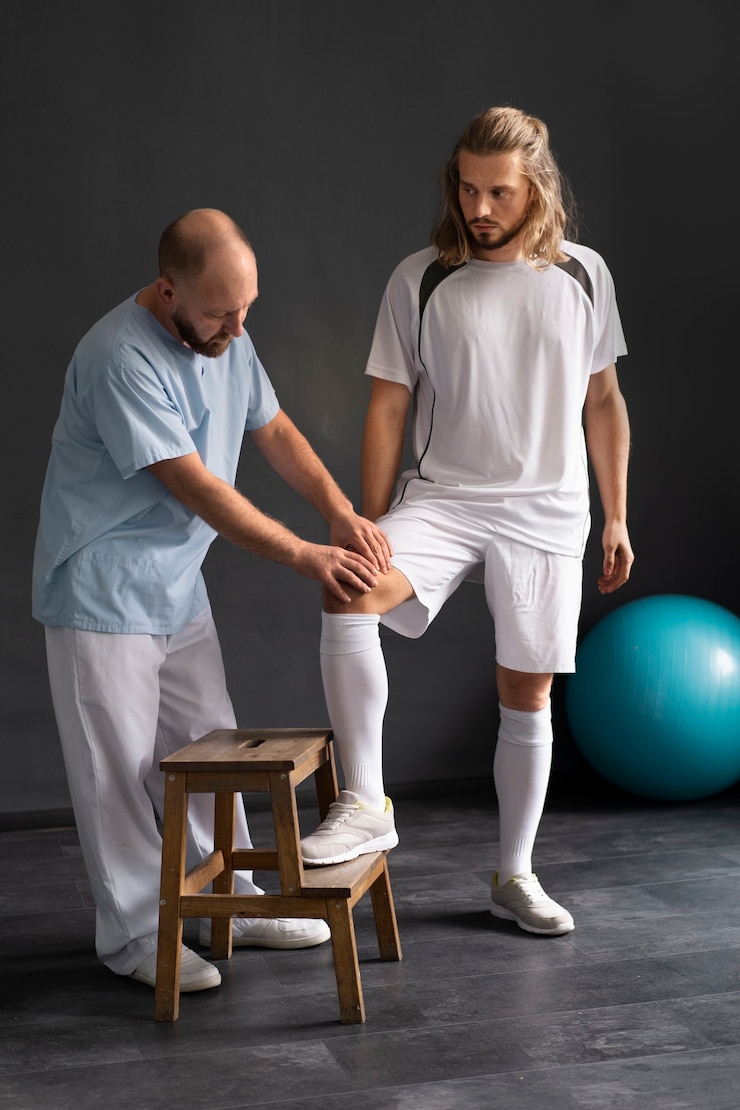 Photo gratuit athlète plein coup à la physiothérapie