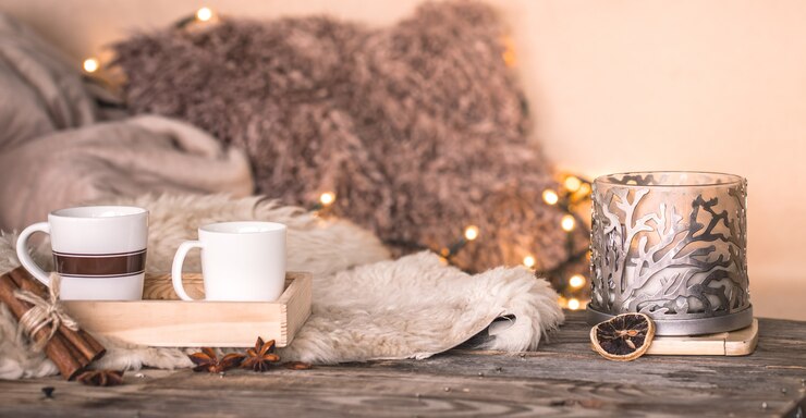 Photo gratuit atmosphère de la maison nature morte à l'intérieur avec des tasses et des bougies sur la table de couvre-lits confortables