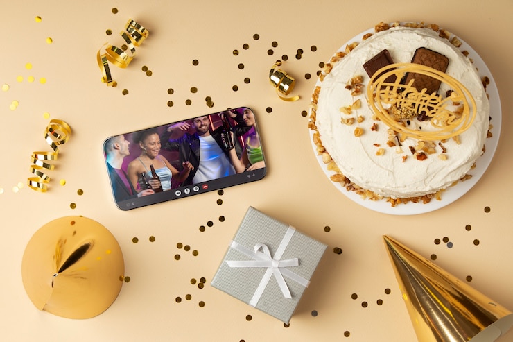 Photo gratuit au-dessus des décorations de fête et du smartphone