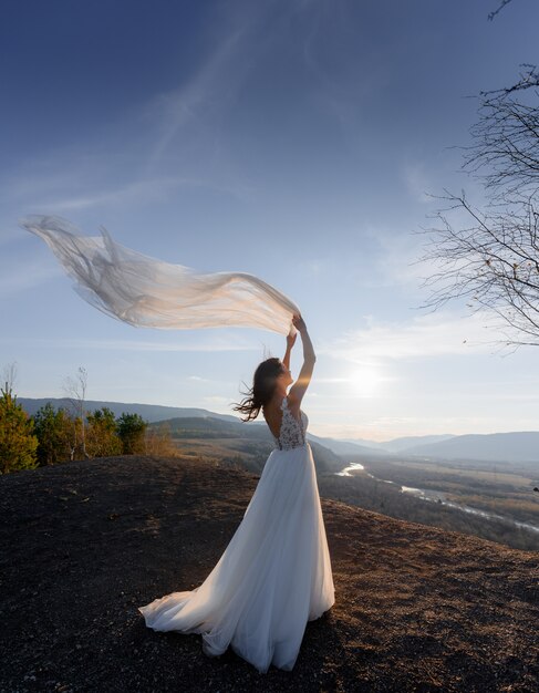 Au sommet d'une colline dans la soirée, vue arrière d'une mariée avec voile ondulé