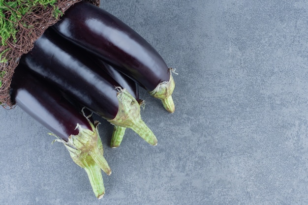 Aubergines fraîches mûres sur vase de jardin.