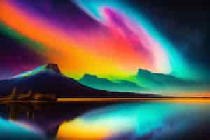 Photo gratuite une aurore colorée au-dessus d'un lac avec des montagnes en arrière-plan.
