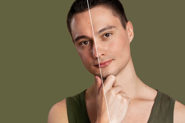 Avant et après portrait de jeune homme retouché