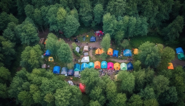 Aventure amusante en camping familial dans une forêt pittoresque générée par l'IA