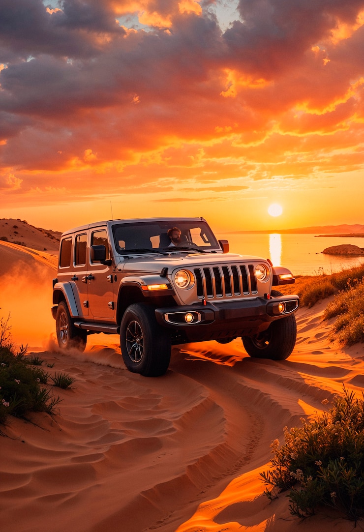 Photo gratuit l'aventure du coucher de soleil de jeep wrangler