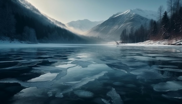 Aventure gelée de scène tranquille de chaîne de montagnes majestueuse générée par l'IA