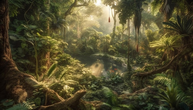 Photo gratuite une aventure mystérieuse dans une forêt tropicale nature tranquille beauté générée par l'intelligence artificielle
