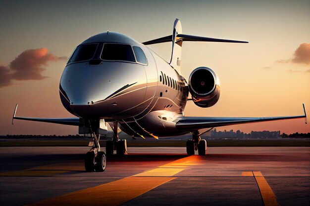 Avion décollant au coucher du soleil IA générative