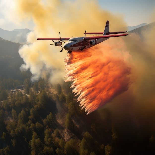 Photo gratuite un avion essaie d'éteindre un feu de forêt.