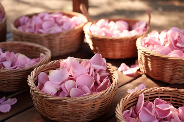 Photo gratuite avis de pétales de rose dans des paniers en osier