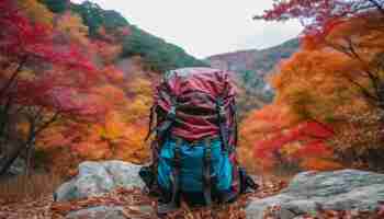 Photo gratuite backpacker en randonnée au sommet d'une montagne profitant d'un paysage d'automne généré par l'ia