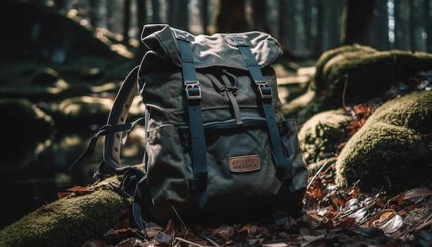 Backpacker randonnée à travers l'aventure du paysage forestier d'automne générée par l'IA