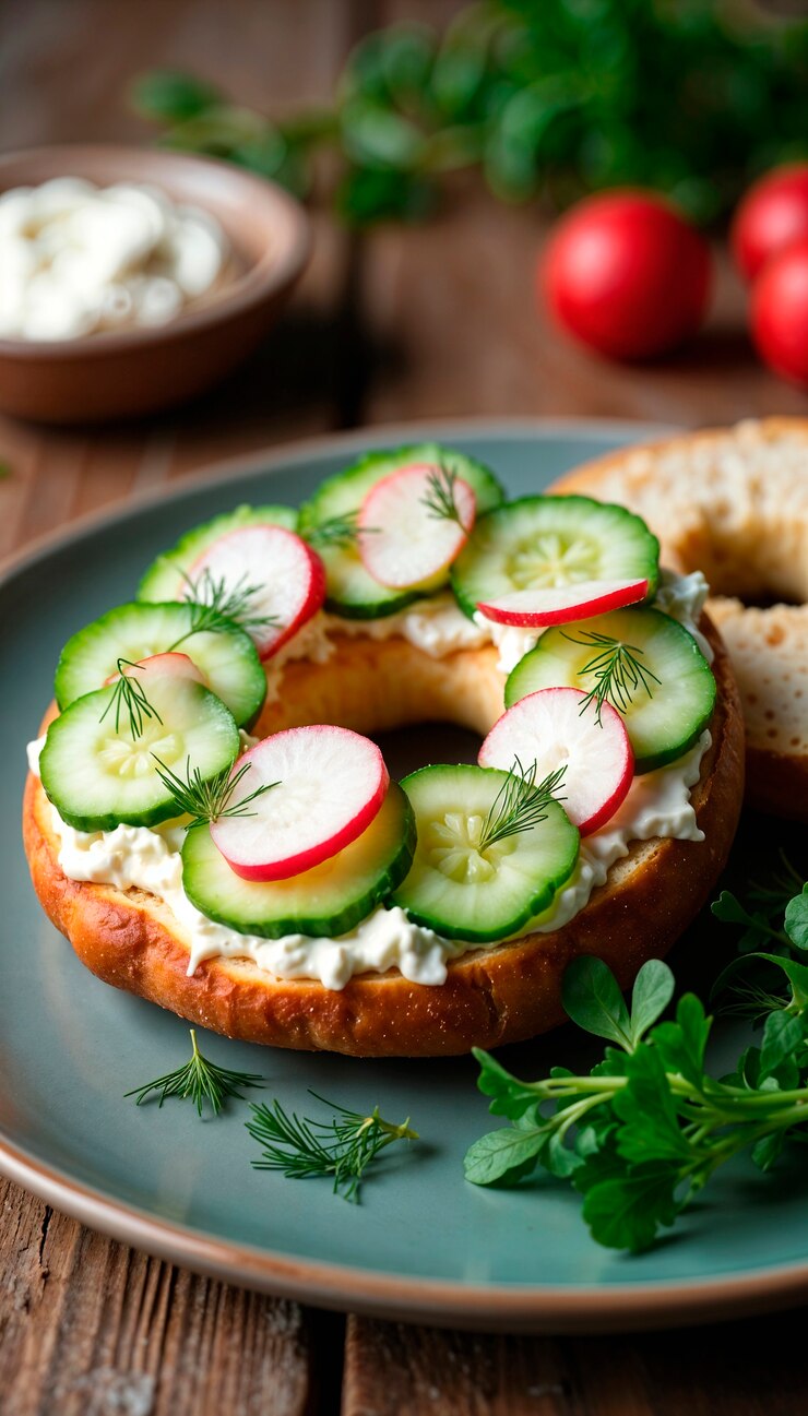 Photo gratuit bagel avec concombre et radish