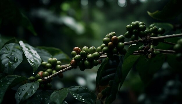 Baie de café fraîche sur une branche verte luxuriante à l'extérieur générée par l'IA