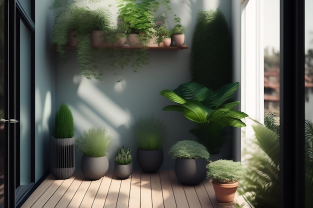 Un balcon avec des plantes au mur