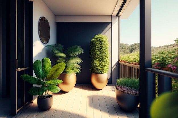 Photo gratuite un balcon avec des plantes sur le balcon