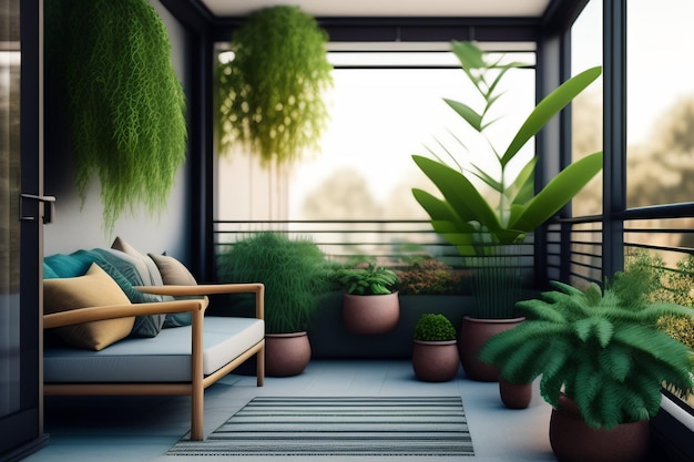 Photo gratuite un balcon avec des plantes et un canapé avec un oreiller dessus