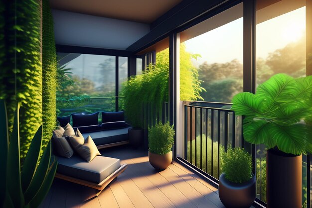 Photo gratuite un balcon avec des plantes et un canapé