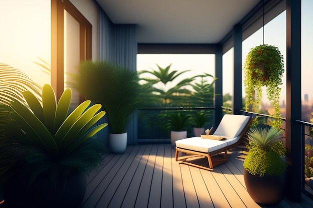 Photo gratuite un balcon avec des plantes et une chaise sur le balcon.