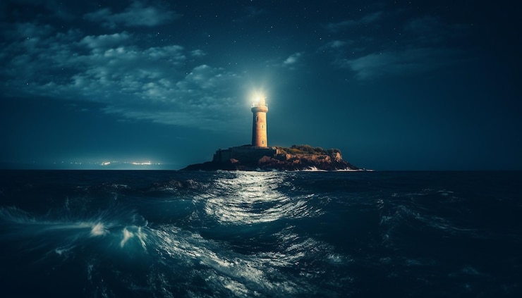 Photo gratuit une balise lumineuse guide les navires à travers un paysage marin sombre généré par l'ia