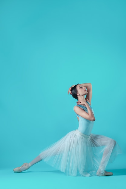 Ballerine en robe blanche posant sur les orteils, studio.