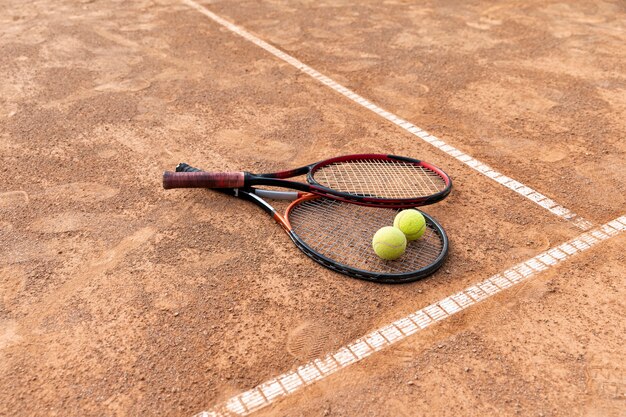 Balles de tennis haute vue avec des raquettes