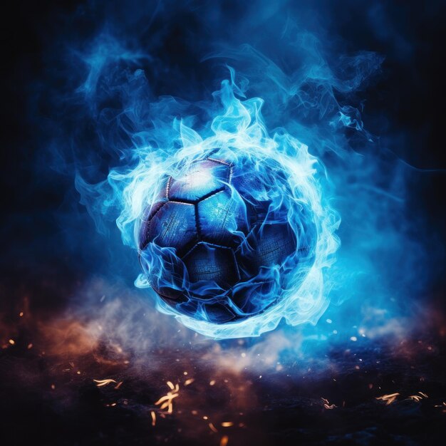 Un ballon de football enveloppé de flammes bleues et de fumée noire