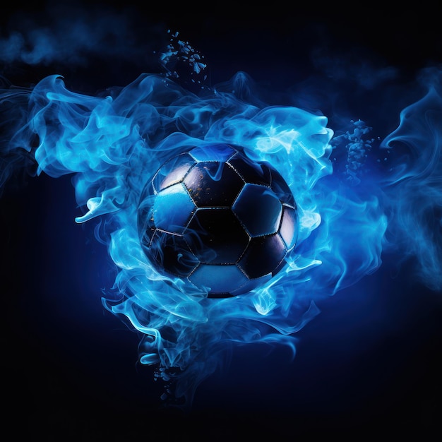 Un ballon de football en flammes avec un feu bleu dans une fumée sombre