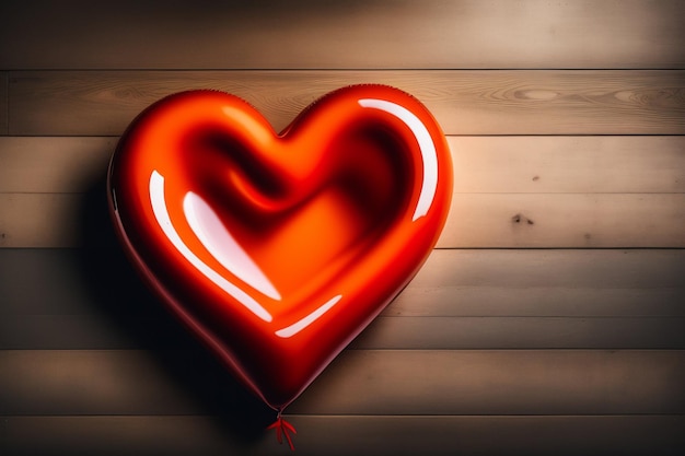 Photo gratuite un ballon en forme de coeur rouge est sur une table en bois.