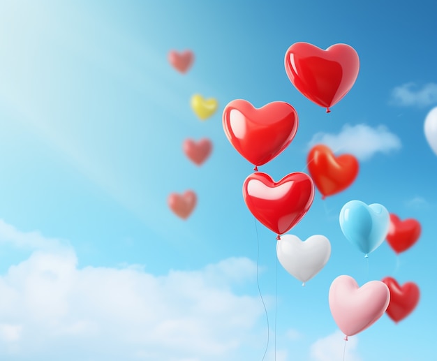 Ballons en forme de coeur dans le ciel