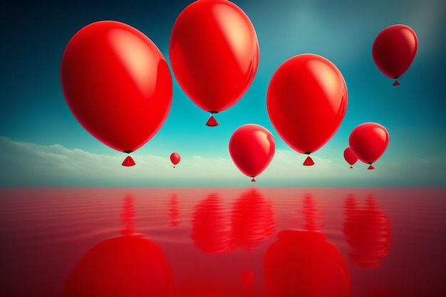 Photo gratuite ballons rouges flottant dans l'eau avec le ciel en arrière-plan.