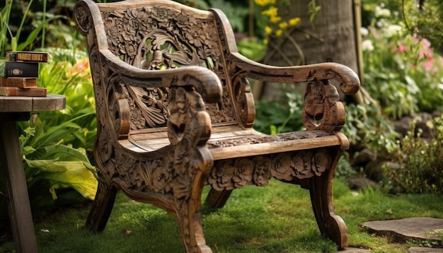 Banc en bois rustique dans un cadre forestier paisible généré par l'IA