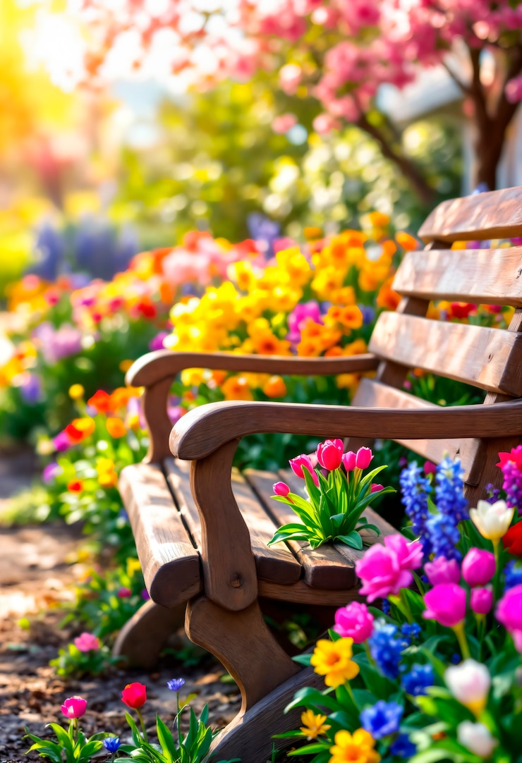 Photo gratuit un banc de jardin de printemps entouré de fleurs