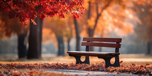 Un banc solitaire dans un parc d'automne entouré de feuilles tombées