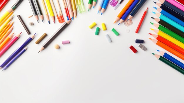 Photo gratuite bannière avec un ensemble de crayons de couleur ciseaux pour l'école