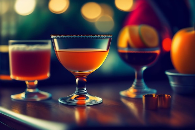 Photo gratuite un bar avec trois verres d'alcool et un verre de jus d'orange.